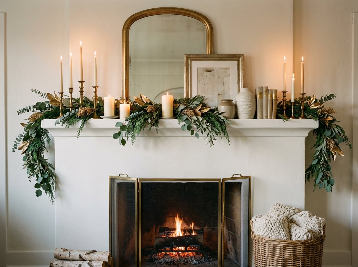 White fireplace mantel decorated with eucalyptus garland, gold leaves, brass candlesticks, a gold arched mirror and a crackling fire