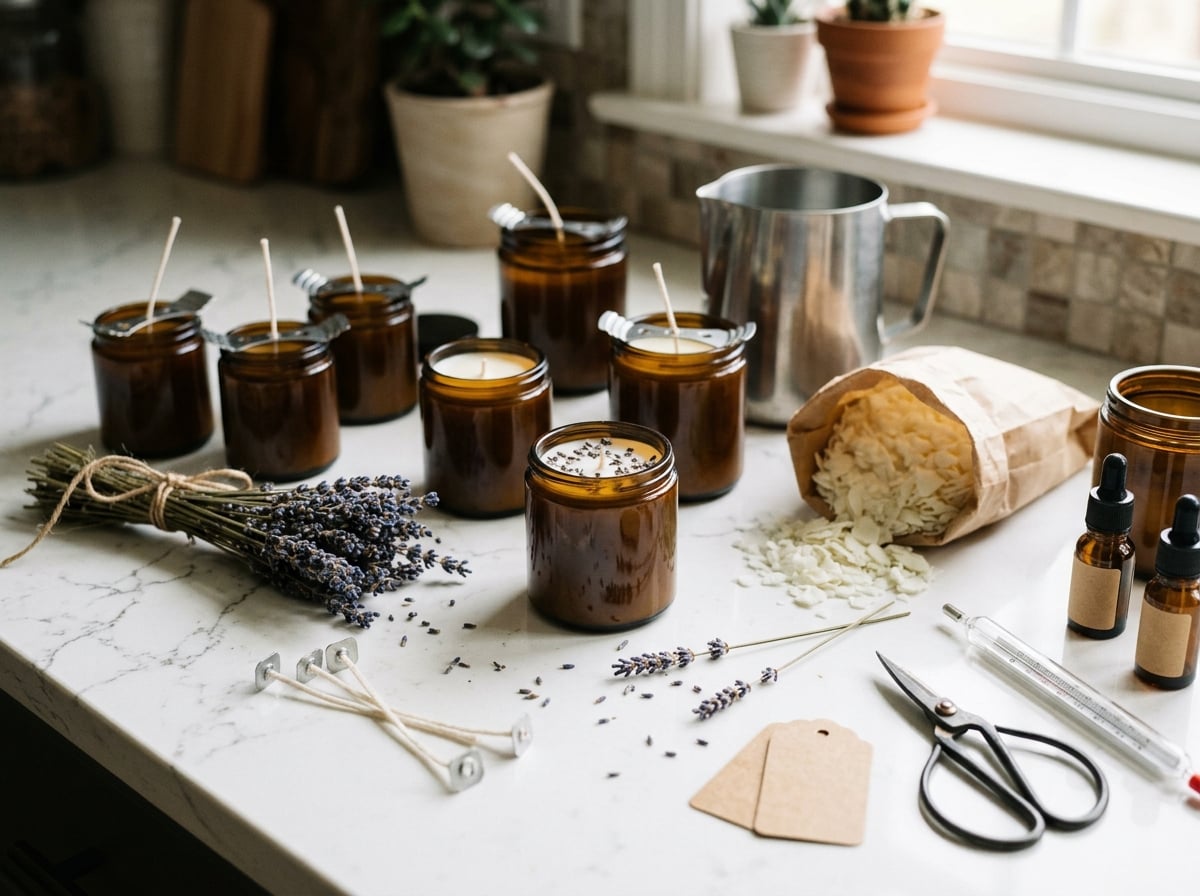 Hand-poured soy candles in amber jars with wicks, soy wax flakes, a pouring pitcher and dried lavender on a white quartz counter
