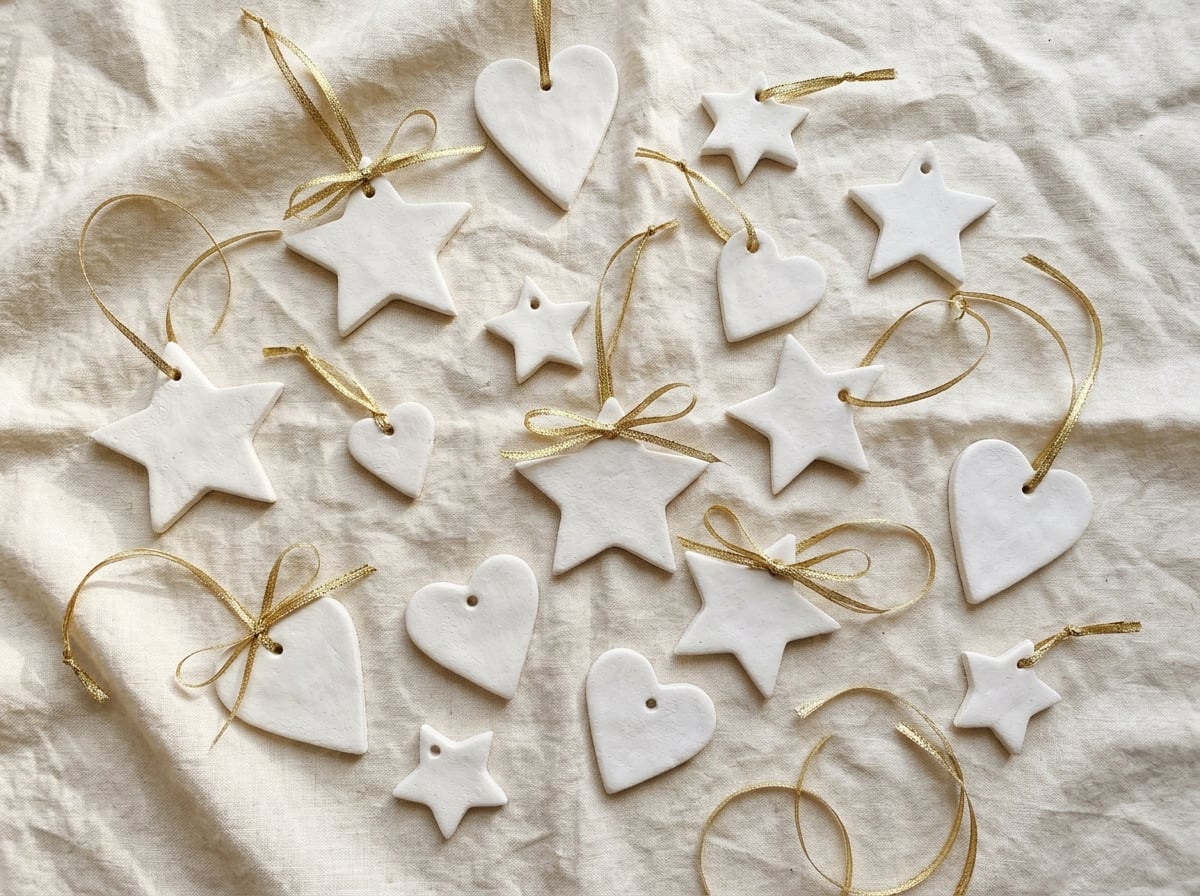 White air dry clay star and heart Christmas ornaments with gold ribbon on cream linen