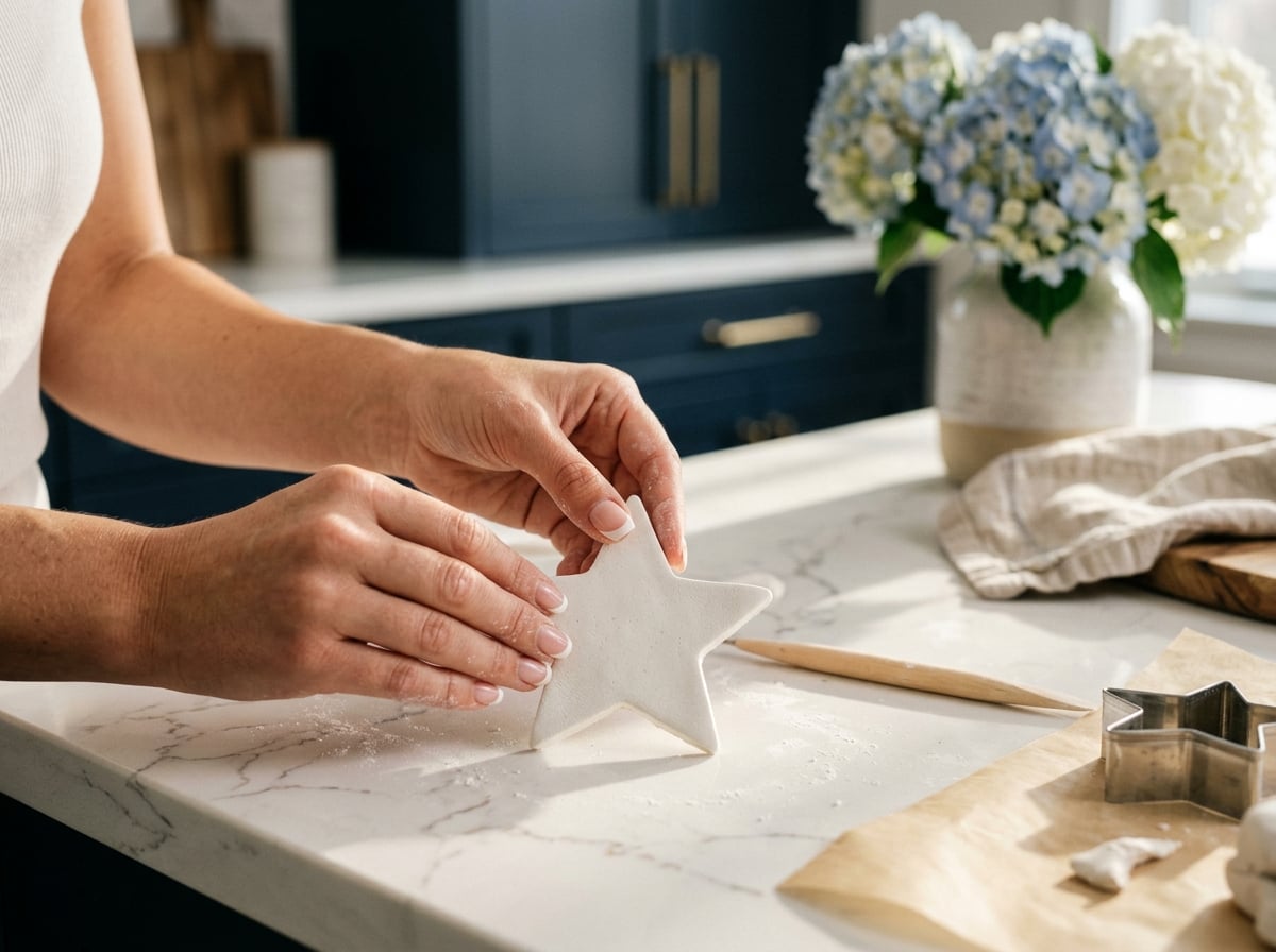 Woman’s hands with a French manicure shaping a white air dry clay star ornament on a quartz counter in a navy and gold kitchen with hydrangeas