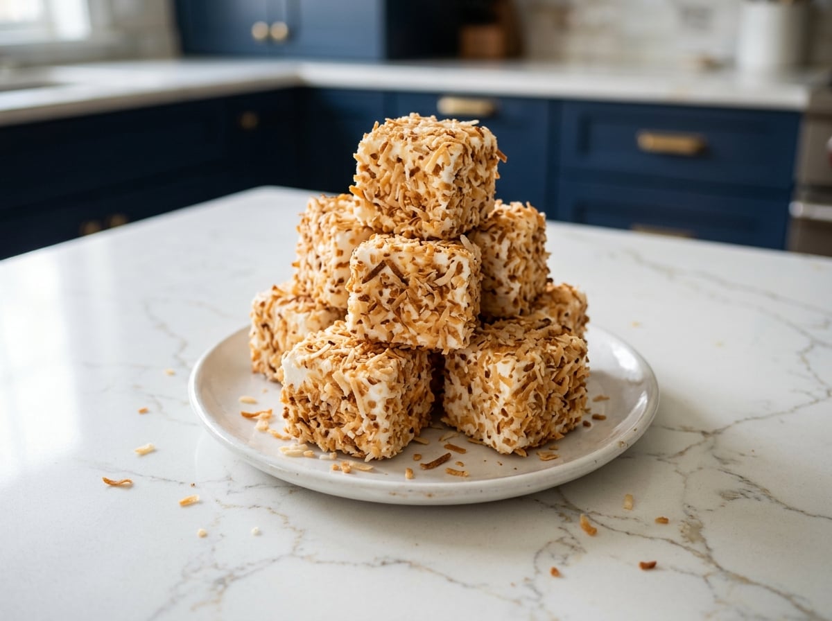 Stack of homemade toasted coconut marshmallows on a white plate on a quartz island in a navy and gold kitchen