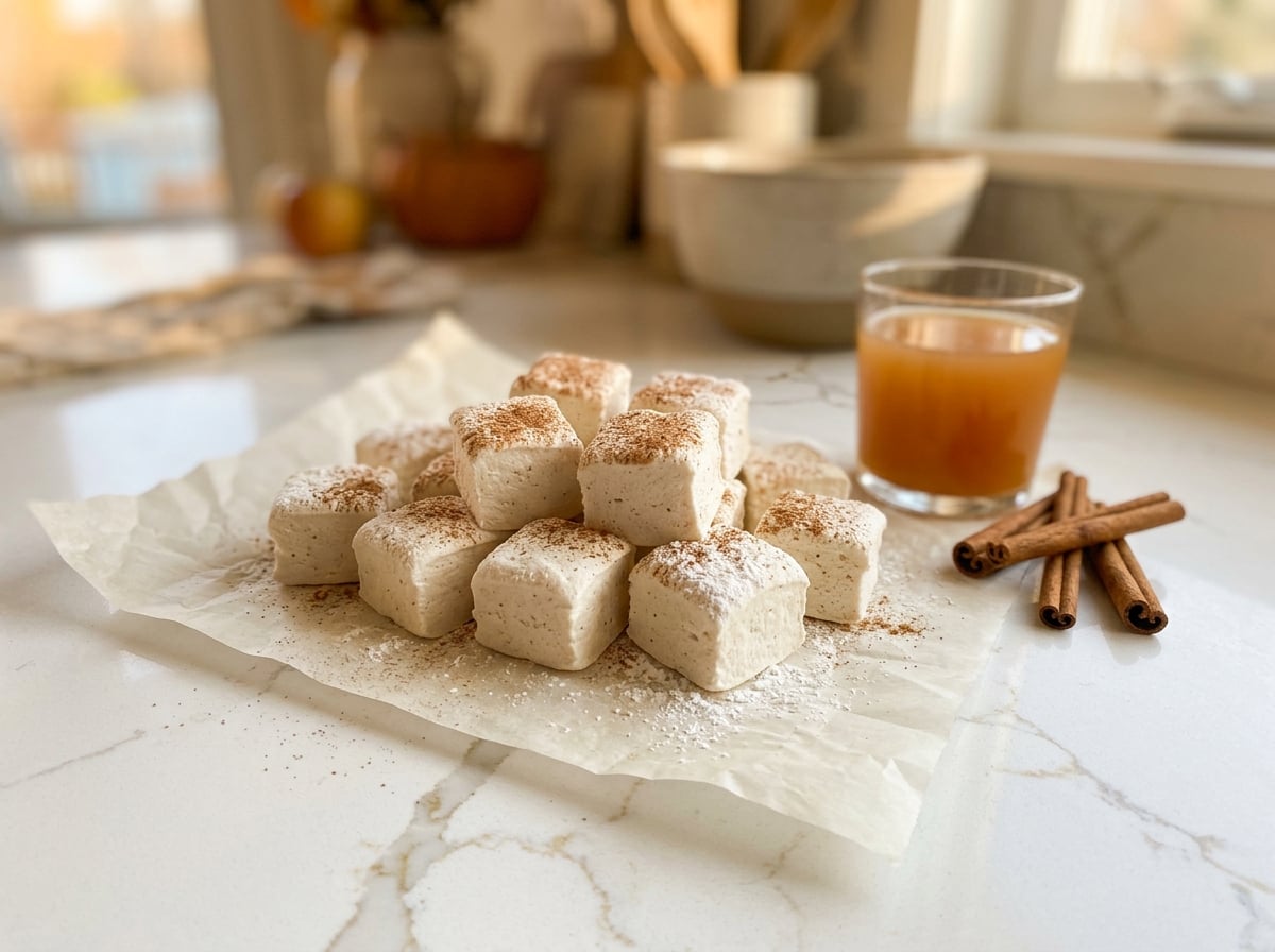 Cinnamon-dusted sugar-free apple cider marshmallows on parchment beside a glass of apple cider and cinnamon sticks
