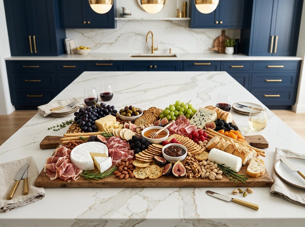 Large charcuterie board with cured meats, brie, blue cheese, grapes, figs, nuts and crackers on a white marble island in a navy and gold kitchen
