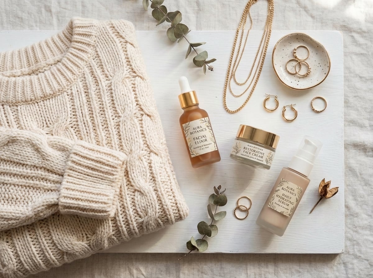 Cream cable-knit sweater beside skincare bottles, gold layered necklaces and rings on a white surface with eucalyptus