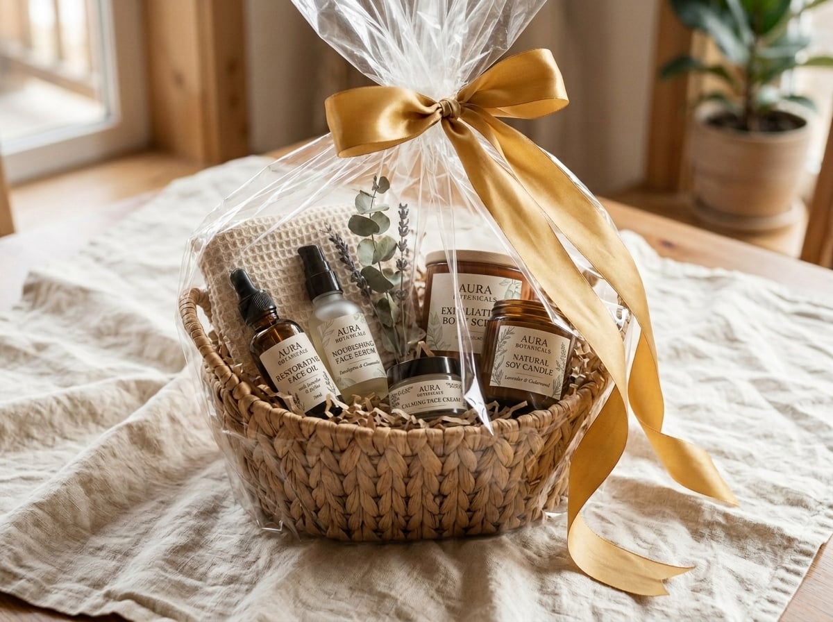 Woven self-care gift basket with face oil, serum, body scrub and a soy candle wrapped in cellophane with a gold satin ribbon