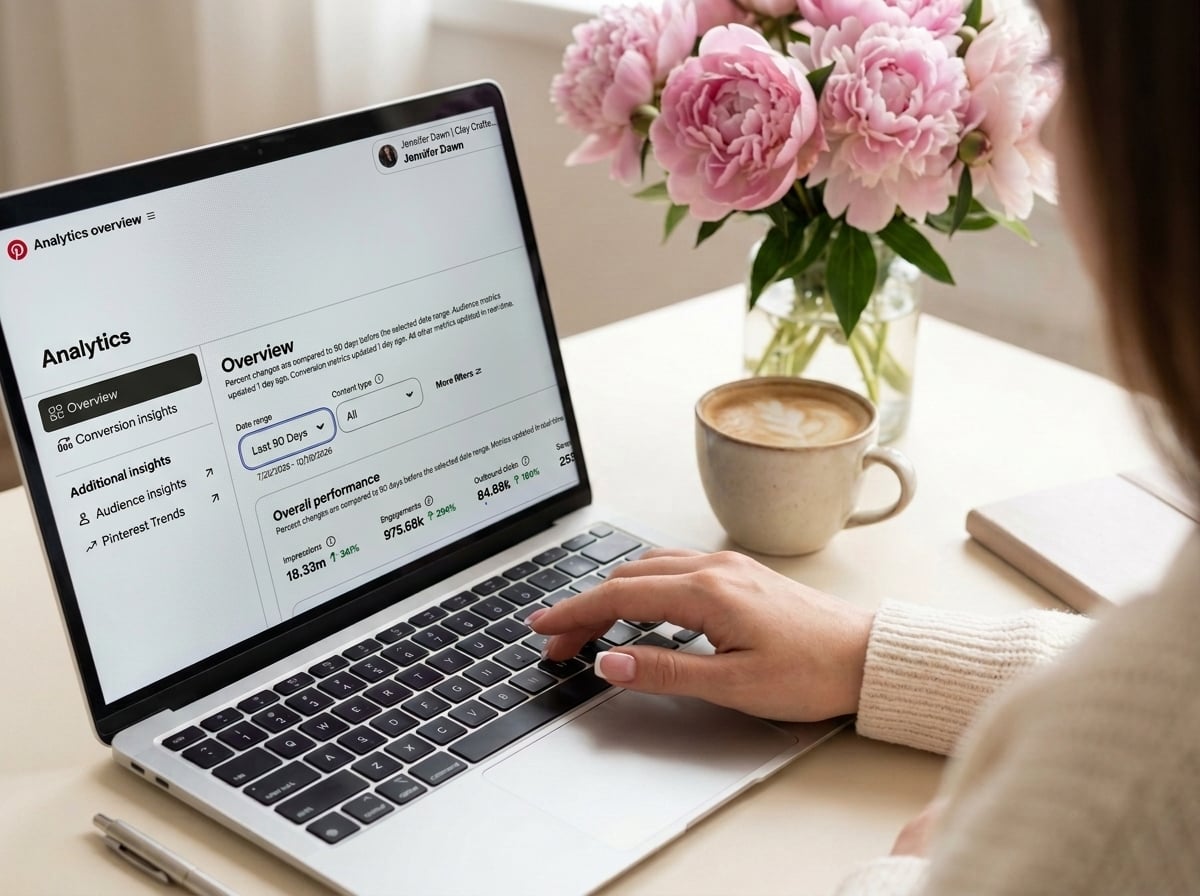 Woman with a French manicure typing on a laptop showing Pinterest analytics, beside a latte and pink peonies