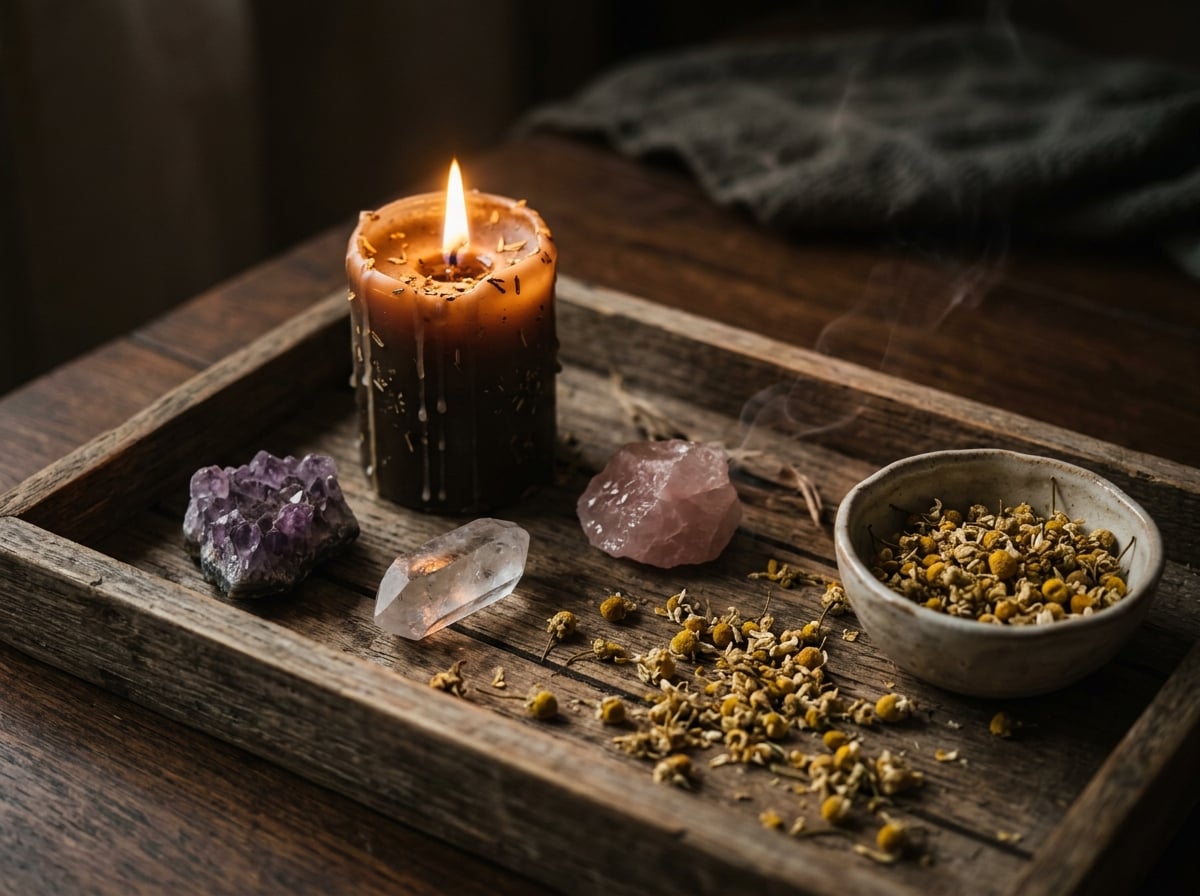 Lit ritual candle with amethyst, clear quartz and rose quartz crystals and dried chamomile on a rustic wooden tray