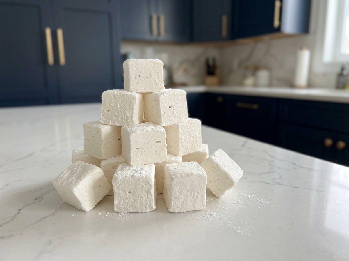 Pyramid of homemade sugar-free vanilla marshmallows on a white quartz island in a navy kitchen with gold hardware