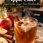 A clear glass mug of steaming keto hot spiced apple cider with a cinnamon stick, orange slice and star anise, topped with cinnamon-dusted sugar-free apple cider marshmallows, on a marble counter beside red apples, apple slices, cinnamon sticks and a bowl of marshmallows in a navy kitchen.