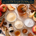 Ingredients for keto apple cider marshmallows on a marble counter: a measuring cup of apple cinnamon tea with tea bags, glass bowls of gelatin, collagen, allulose, cinnamon, apple cider vinegar and sea salt, a bottle of apple extract, gold measuring spoons, red apples, apple slices, cinnamon sticks and star anise.