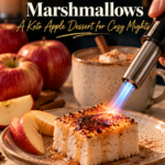 : A hand toasting a sugar-free apple cider marshmallow with a kitchen torch until golden and caramelized, with caramel sauce dripping down its sides on a speckled plate beside apple slices, red apples, cinnamon sticks and a mug of hot cocoa topped with whipped cream.