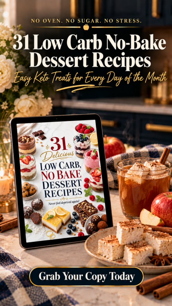 A tablet showing the cover of a 31 low carb no-bake dessert recipes ebook with keto cheesecake jars, berry parfaits, lemon bars and truffles, on a marble counter beside a mug of hot apple cider topped with marshmallows, a plate of apple cider marshmallows, red apples and cinnamon sticks.