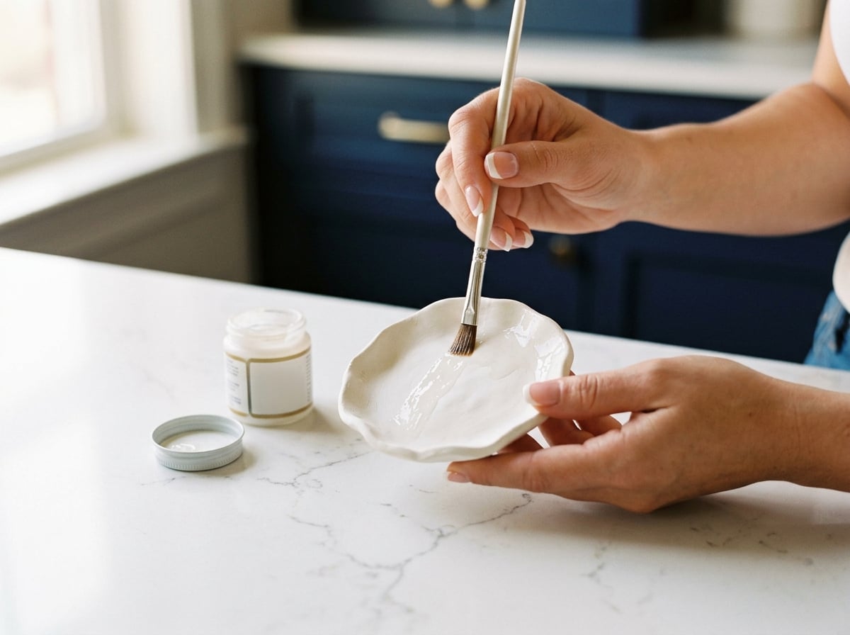 Woman’s hands with a French manicure brushing clear sealant onto a white air dry clay trinket dish on a quartz counter in a navy kitchen