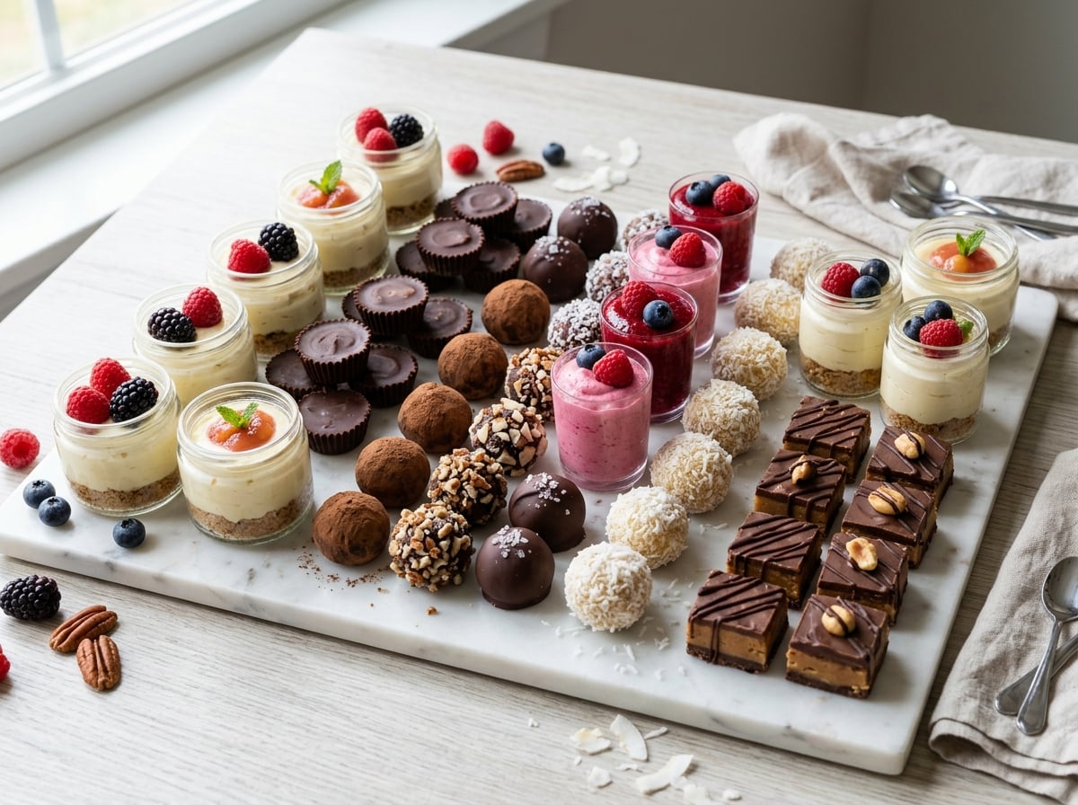 Marble tray of low carb no-bake desserts including mini cheesecake jars with berries, chocolate cups, cocoa truffles, coconut balls, berry mousse and chocolate fudge bars