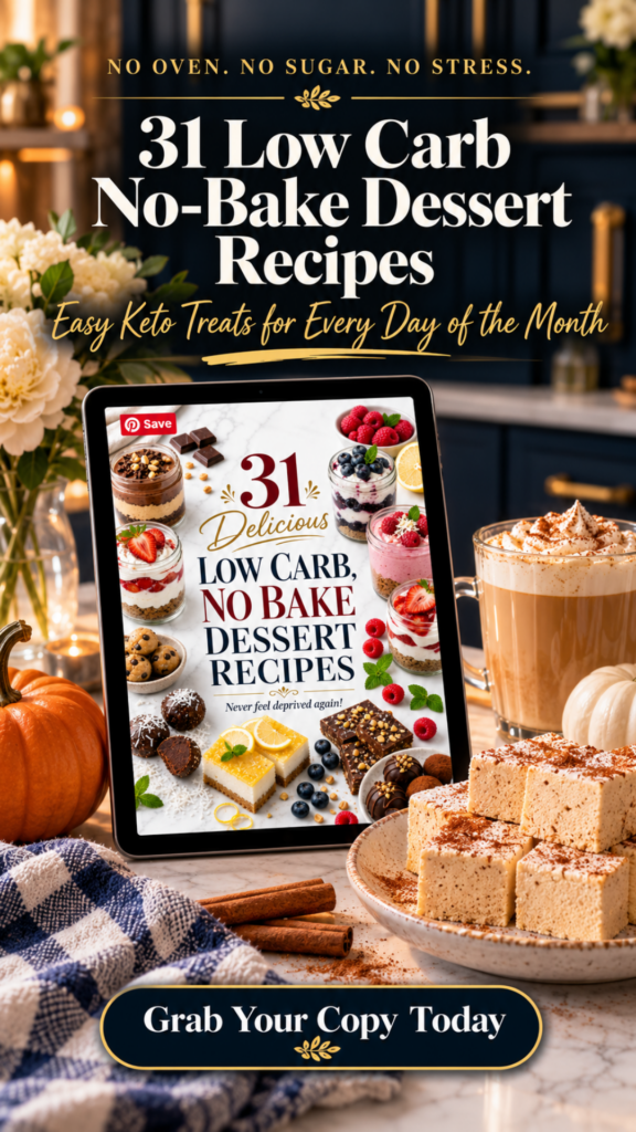 A tablet showing the cover of a 31 low carb no-bake dessert recipes ebook with keto cheesecake jars, berry parfaits, lemon bars and chocolate truffles, propped on a white quartz kitchen counter beside a plate of sugar-free pumpkin spice marshmallows, a pumpkin spice latte, cinnamon sticks, an orange pumpkin and cream flowers in front of navy kitchen cabinets.