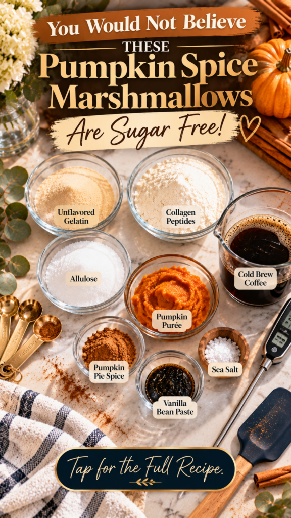 Labeled glass bowls of ingredients for sugar-free pumpkin spice marshmallows on a marble counter: unflavored gelatin, collagen peptides, allulose, pumpkin puree, pumpkin pie spice, cold brew coffee, vanilla bean paste and sea salt, with gold measuring spoons, a digital thermometer, a spatula, cinnamon sticks and an orange pumpkin.