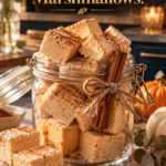 A glass clamp-lid jar filled with cinnamon-dusted low carb pumpkin spice marshmallows, tied with jute twine and a cinnamon stick, on a marble counter with loose marshmallow squares, star anise, cinnamon sticks, an orange pumpkin and a white pumpkin in front of navy kitchen cabinets with gold hardware.
