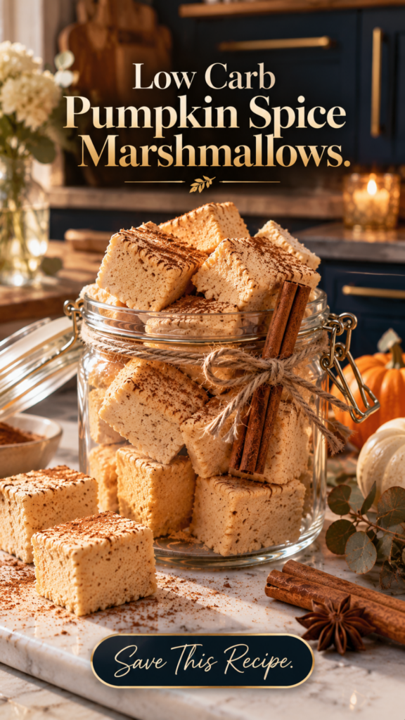 A glass clamp-lid jar filled with cinnamon-dusted low carb pumpkin spice marshmallows, tied with jute twine and a cinnamon stick, on a marble counter with loose marshmallow squares, star anise, cinnamon sticks, an orange pumpkin and a white pumpkin in front of navy kitchen cabinets with gold hardware.