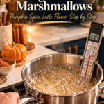 A stainless steel saucepan of bubbling clear allulose syrup on a gas stovetop with a clip-on candy thermometer reading 238 degrees F, a hand holding the pan handle, and a white quartz counter behind with an orange pumpkin, cinnamon sticks and a bowl of pumpkin pie spice.