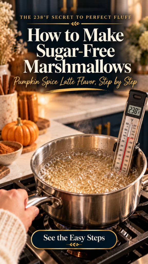 A stainless steel saucepan of bubbling clear allulose syrup on a gas stovetop with a clip-on candy thermometer reading 238 degrees F, a hand holding the pan handle, and a white quartz counter behind with an orange pumpkin, cinnamon sticks and a bowl of pumpkin pie spice.