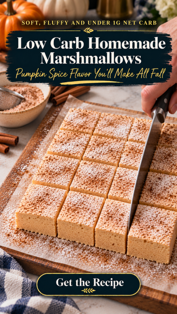 A slab of homemade low carb pumpkin spice marshmallows on parchment over a wooden cutting board, being sliced into neat cinnamon-dusted squares with a large knife, next to a bowl of spiced dusting powder with a small sifter, cinnamon sticks, an orange pumpkin and a blue plaid kitchen towel.