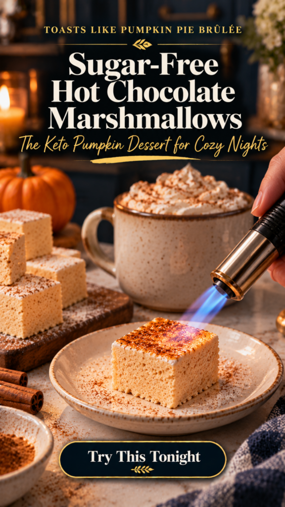 A hand using a kitchen torch to toast the top of a sugar-free pumpkin spice marshmallow until golden and caramelized on a speckled plate, with a mug of keto hot chocolate topped with whipped cream, a stack of cinnamon-dusted marshmallow squares on a wood board, cinnamon sticks and an orange pumpkin behind.
