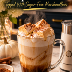 A layered keto pumpkin spice latte in a tall clear glass mug with espresso on the bottom and frothy milk on top, crowned with three cinnamon-dusted sugar-free pumpkin spice marshmallows, on a white quartz counter beside a white milk frother, a white pumpkin, cinnamon sticks and a bowl of pumpkin pie spice in a navy kitchen.