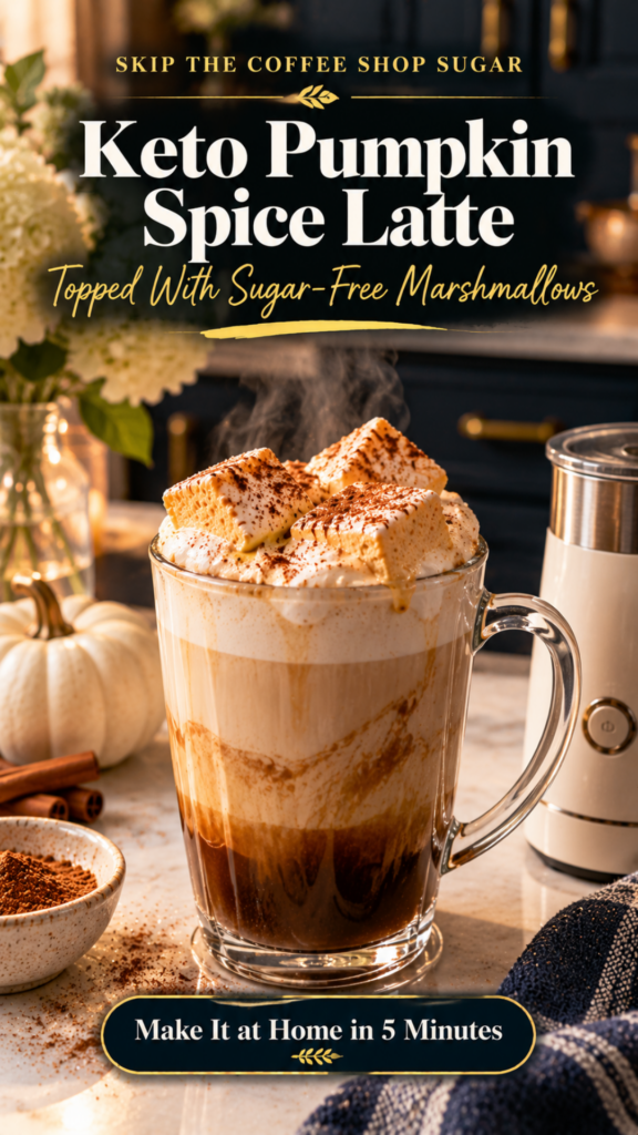 A layered keto pumpkin spice latte in a tall clear glass mug with espresso on the bottom and frothy milk on top, crowned with three cinnamon-dusted sugar-free pumpkin spice marshmallows, on a white quartz counter beside a white milk frother, a white pumpkin, cinnamon sticks and a bowl of pumpkin pie spice in a navy kitchen.